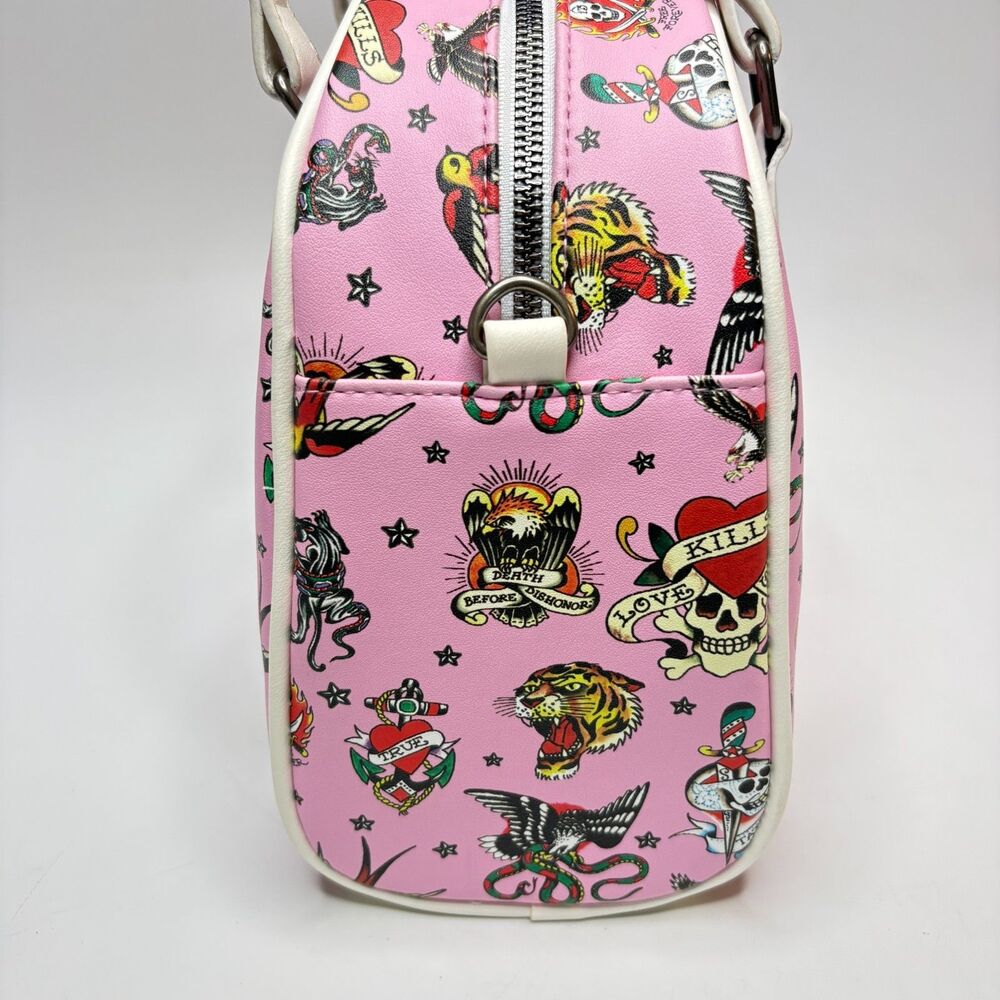 ED HARDY Tattoo Hearts Skull Womens Pink/White Mini Bowler Bag Purse - Picture 8 of 9